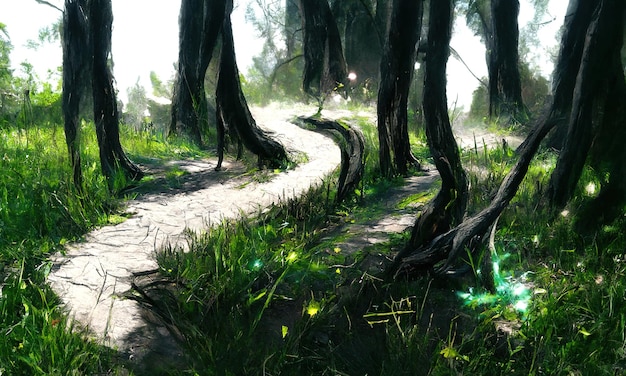 Hermoso bosque mágico árboles fabulosos Paisaje forestal rayos de sol iluminan las hojas y ramas de los árboles Bosque mágico de verano Ilustración 3d