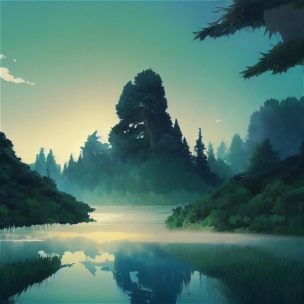 Un hermoso bosque natural del lago rural una ilustración en un estilo de animación de fondo de anime