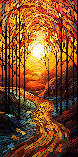 Hermoso bosque otoñal abstracto al atardecer al estilo de mosaicos vidrieras coloridas a