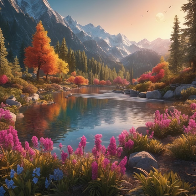 hermoso bosque de otoño con río y montañashermoso bosque de otoño con río y montañas3 d