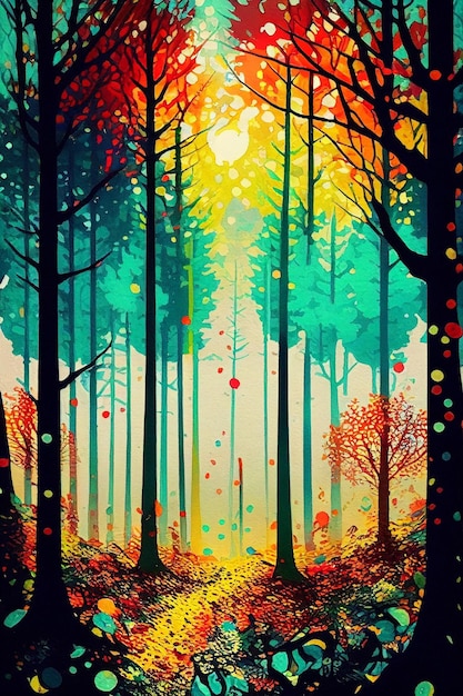 hermoso bosque del país de las maravillas colorido acuarela puntillismo en ricos colores vibrantes