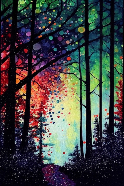 hermoso bosque del país de las maravillas colorido acuarela puntillismo en ricos colores vibrantes