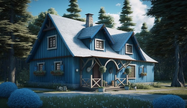 Hermoso bosque paisaje azul arte cabaña casa fotos AI imagen generada
