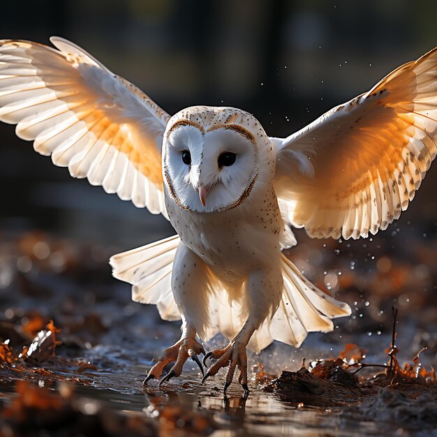 El hermoso búho Tyto alba volando en el bosque