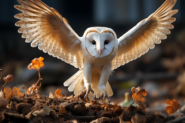 El hermoso búho Tyto alba volando en el bosque