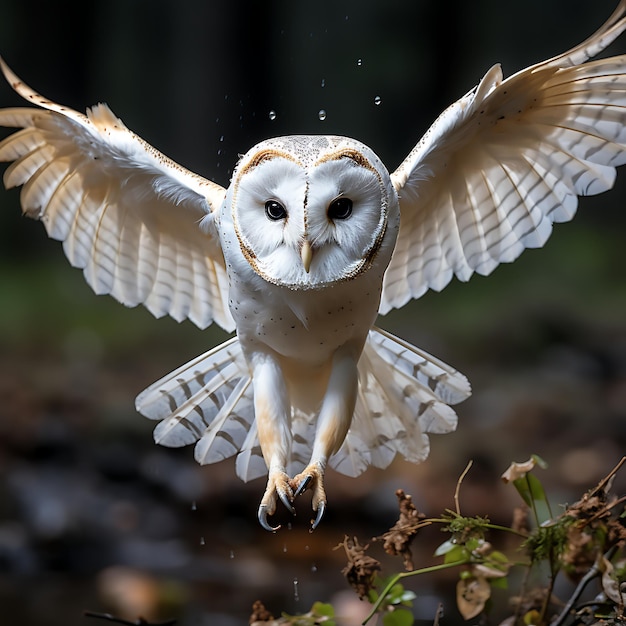 El hermoso búho Tyto alba volando en el bosque