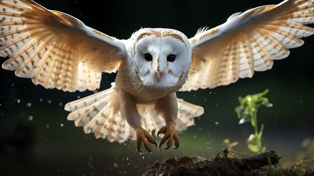 El hermoso búho Tyto alba volando en el bosque