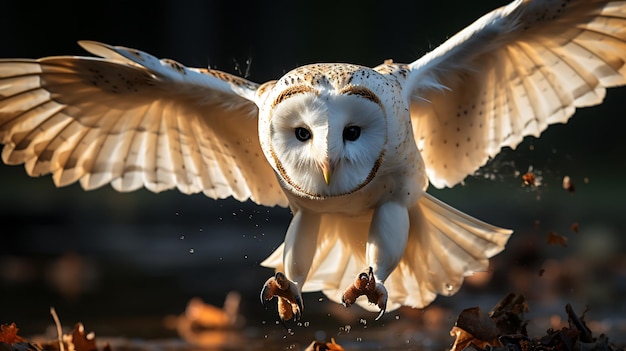 El hermoso búho Tyto alba volando en el bosque