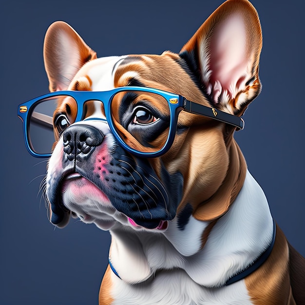 Hermoso bulldog francés en gafas aislado sobre un fondo azul oscuro Retrato de un lindo perro Beagle