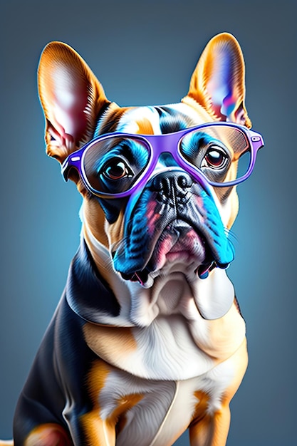 Hermoso bulldog francés en gafas aislado sobre fondo azul oscuro Retrato de un lindo perro Beagle