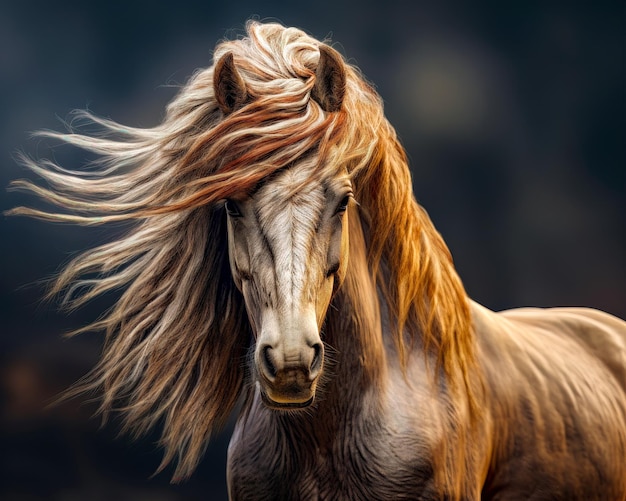 Hermoso caballo andaluz Closeup retrato de un poderoso con melena oscura sobre un fondo azul.