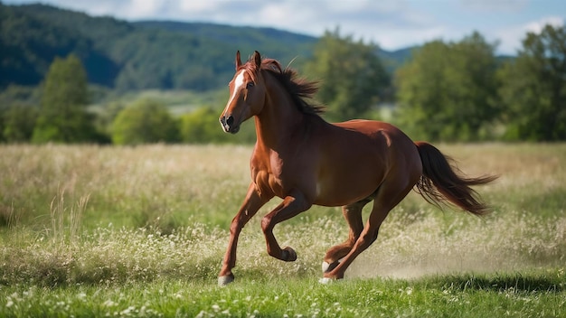 El hermoso caballo de la bahía corre al galope en la naturaleza