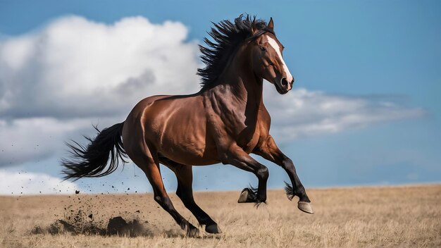 El hermoso caballo de la bahía corre al galope en la naturaleza