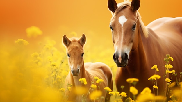 hermoso caballo con bebé en un campo de flores