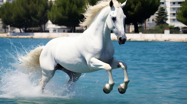 Un hermoso caballo blanco corriendo por la playa.
