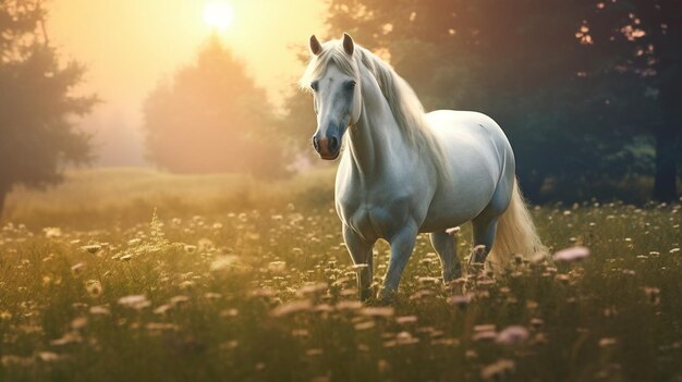 Un hermoso caballo blanco está de pie en la hierba