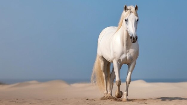 Foto un hermoso caballo blanco está de pie en el campo de arena