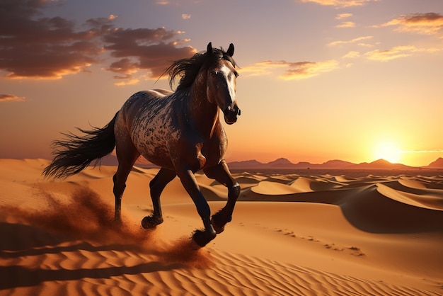 Un hermoso caballo corre en el desierto.