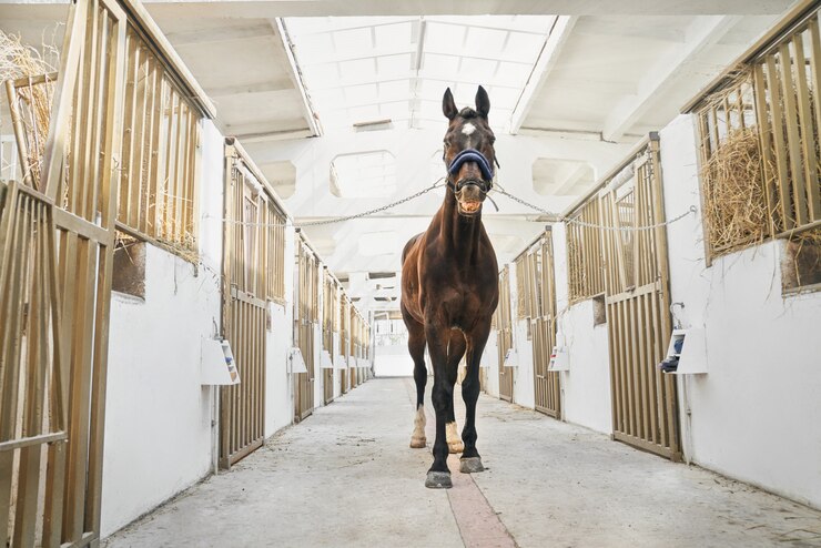 Foto hermoso caballo deportivo de pie en el establo