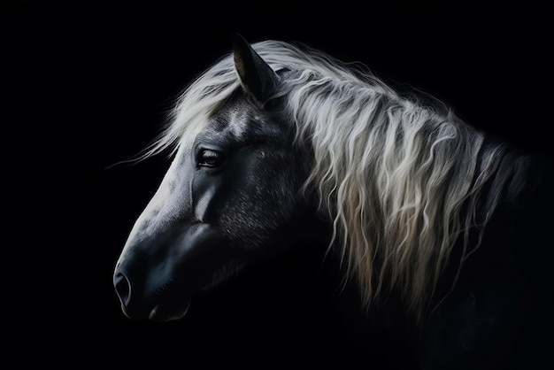 Hermoso caballo gris con melena larga elegante retrato contraste fondo negro claro