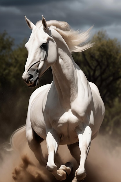 Foto hermoso caballo de guerra blanco corriendo a alta velocidad majestuosa fotografía de fondo de papel de pared h5