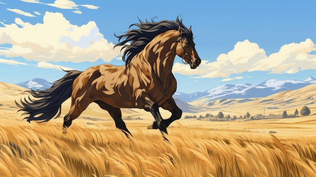 Foto un hermoso caballo marrón salvaje está galopando en el campo dorado