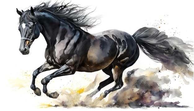 Un hermoso caballo negro corriendo en la arena Pintura de acuarela IA generativa