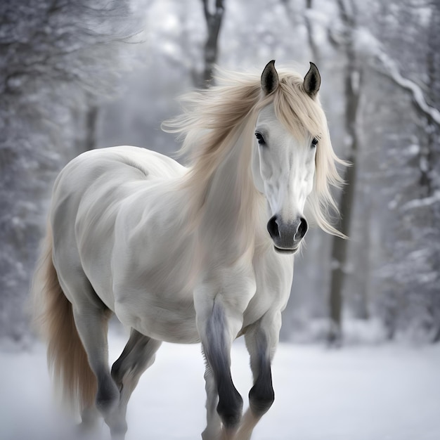 un hermoso caballo con pelos largos y brillantes corriendo en medio de los árboles en las temporadas de invierno