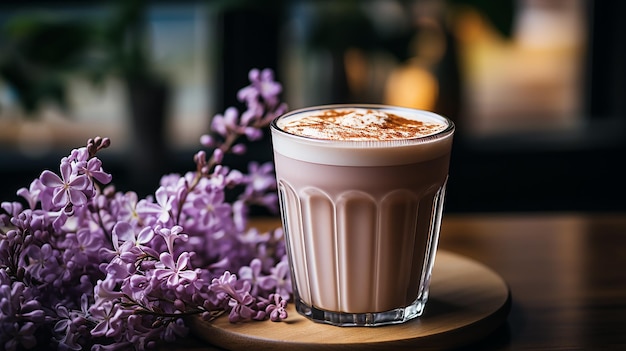 Hermoso café con leche de vainilla y lavanda sobre una mesa de madera