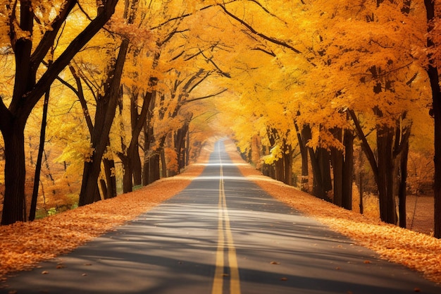 Un hermoso camino con árboles de otoño a ambos lados