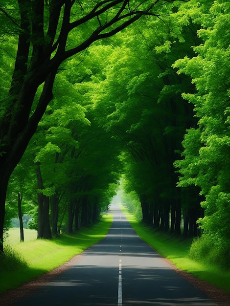 Un hermoso camino con un hermoso árbol verde.