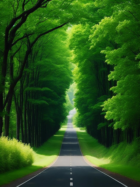 Un hermoso camino con un hermoso árbol verde.