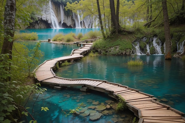 Hermoso camino de madera en el lago Plitvice, Croacia