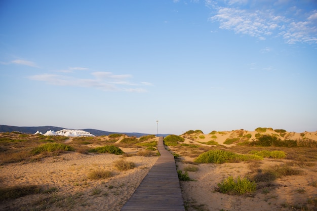 Hermoso camino de madera a la playa al mar