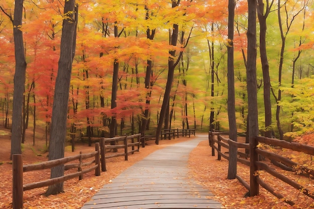 Hermoso camino de madera que va los impresionantes árboles coloridos en un bosque