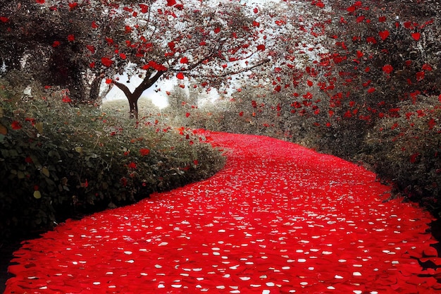 Hermoso camino de pétalos de rosas rojas con árboles en el bosque brumoso