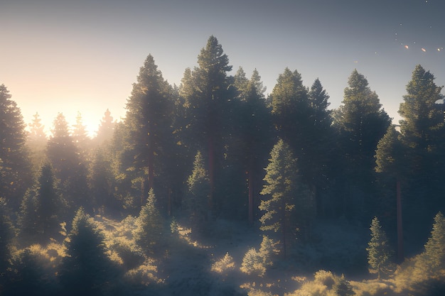 Un hermoso campo con altos pinos asombrosos