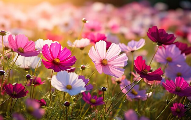 Foto un hermoso campo de coloridas flores del cosmos