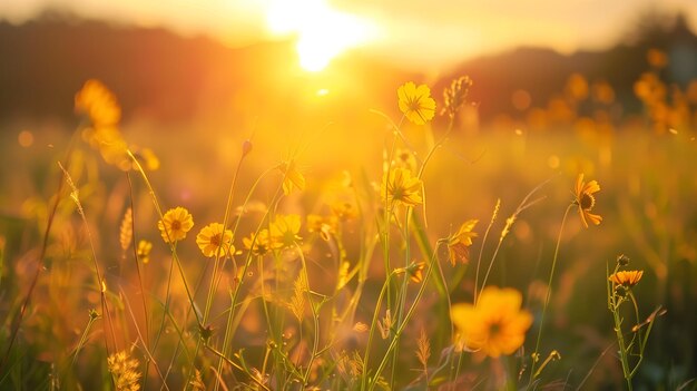 Un hermoso campo de flores amarillas en la luz del atardecer.