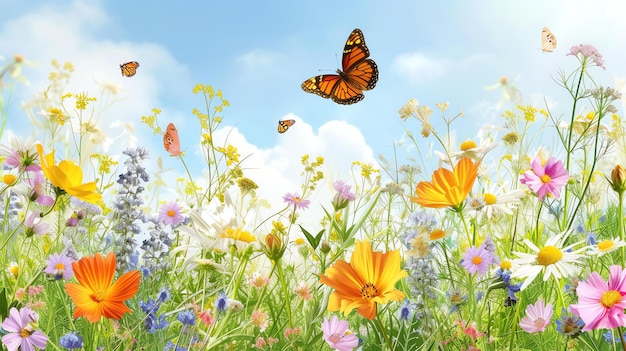 Un hermoso campo de flores en flor con mariposas volando alrededor