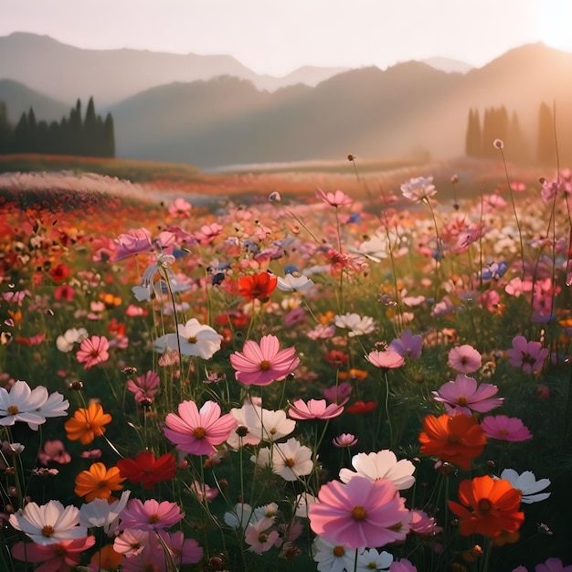 Un hermoso campo de flores flores de colores