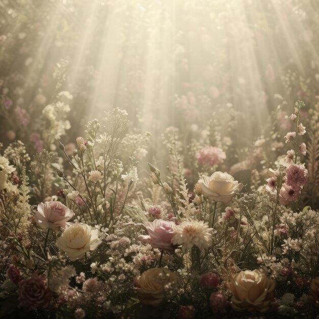 Un hermoso campo de flores con la luz del sol brillando a través de los árboles