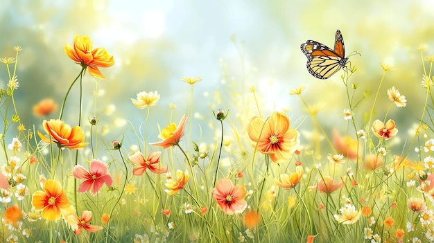 Un hermoso campo de flores con una mariposa Las flores son en su mayoría amarillas y naranjas con algunas flores blancas y púrpuras también