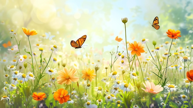 Un hermoso campo de flores con mariposas las flores son en su mayoría naranja y blanca y las mariposas son amarillas y negras