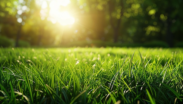 Un hermoso campo de hierba verde con el sol brillando