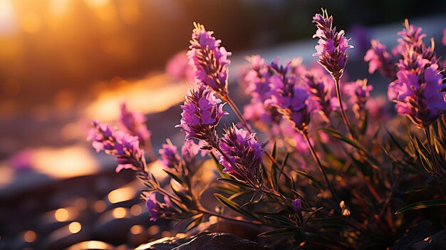 hermoso campo de lavanda con flores de color púrpura al amanecer