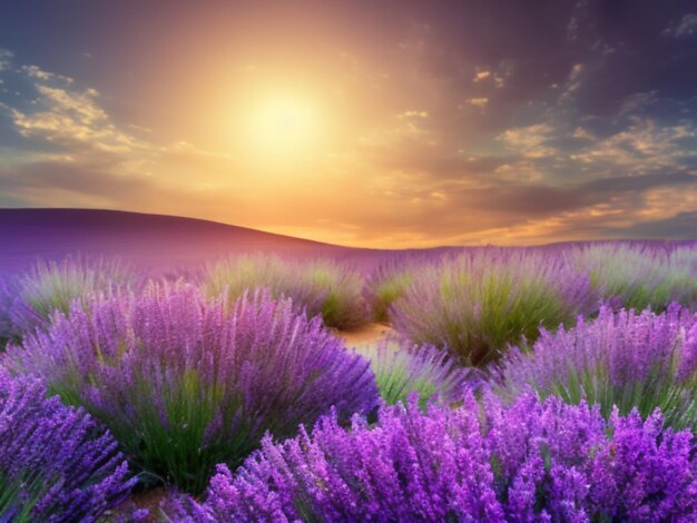 Un hermoso campo de lavanda con largas filas de planta púrpura se cultiva para la producción de lavanda