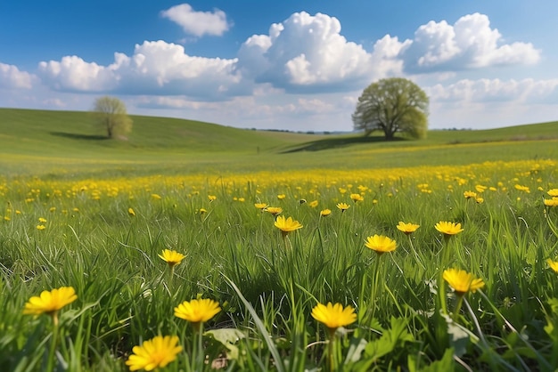 hermoso campo de prado con hierba fresca y flores amarillas de diente de león en la naturaleza contra un cielo azul borroso con nubes primavera de verano paisaje natural perfecto