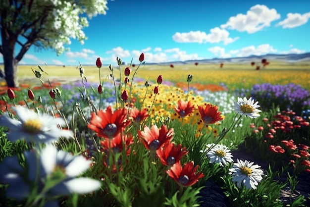 hermoso campo de primavera lleno de hermosas flores mientras que el día soleado con hermoso cielo azul
