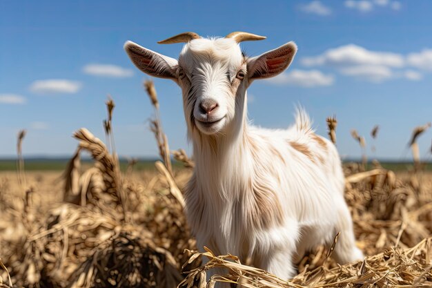 En un hermoso campo de verano, una cabra encantadora disfruta de un poco de hierba Las cabras jóvenes se divierten en la hierba u